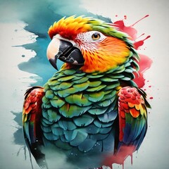 Experience the excellence of a watercolor logo showcasing a powerful parrot face in vibrant colors. The design pops against a monochrome background, delivering a visually impactful result