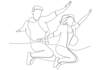 happy jumping couple continuous line drawing