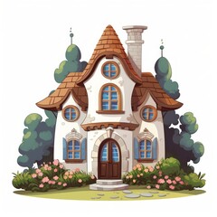 A cozy fairytale dwelling featuring a quaint chimney and arched windows. vector, flat, fairy tale, cartoon, cute, white background Generative AI