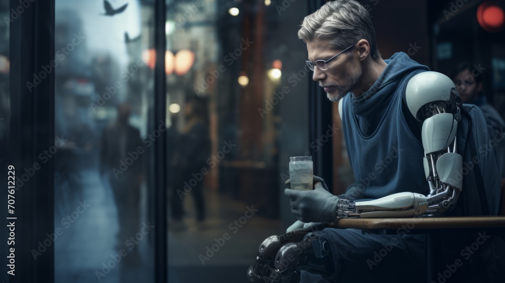 Poster A digital representation of a person equipped with bionic limbs engaging in daily activities, emphasizing the convenience and efficiency provided by the advanced prosthetics. Generative AI