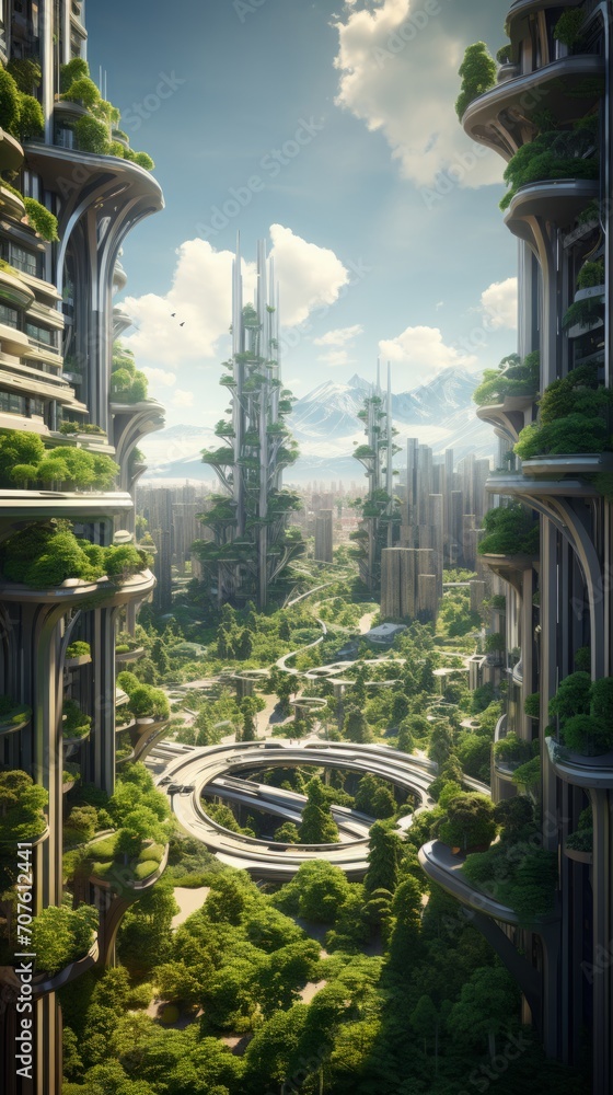 Poster a futuristic cityscape with architecturally innovative buildings, transparent walkways, and advanced