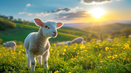 Curious Lambs In Beautiful Spring Fields Landscape With Sunset, World Animals Day, International Pets Day, Safe Greenery Concept, Generative Ai
