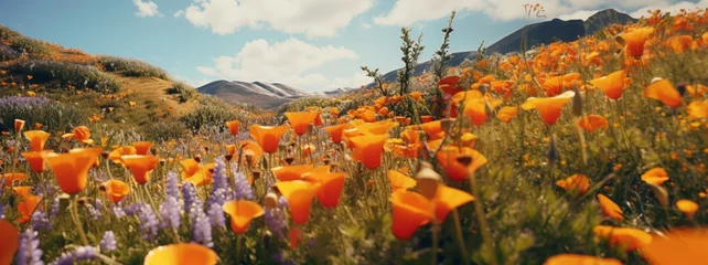 Gordijnen A panoramic view of a field filled with California poppies and lupines, a sight of colorful spring wildflowers Generative AI © vadosloginov