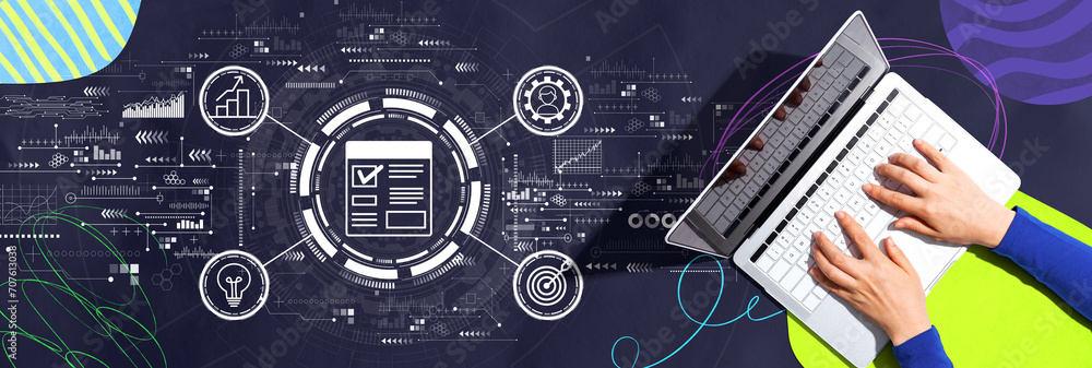Poster project management theme with person using a laptop computer