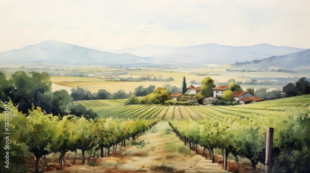 Aufkleber a picturesque vineyard with rows of grapevines and hills in the backdrop. landscape watercolor gener