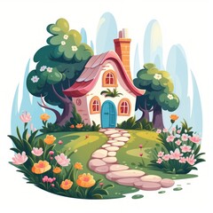 A picturesque small house with a colorful flower bed and a winding stone pathway. Generative AI