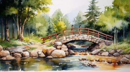 A picturesque countryside scene with a small bridge over a stream. landscape watercolor Generative AI
