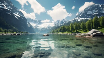 A serene alpine lake nestled amidst towering mountains, reflecting their rugged beauty in its crystal-clear waters. Generative AI