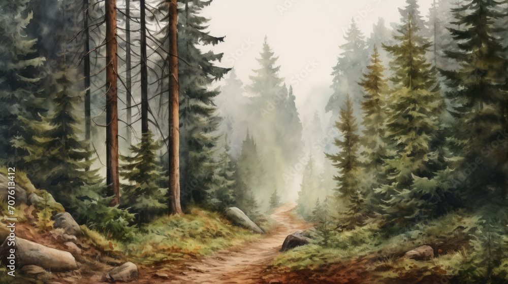 Poster a serene, mist-covered forest with tall trees and a hidden path. landscape watercolor generative ai