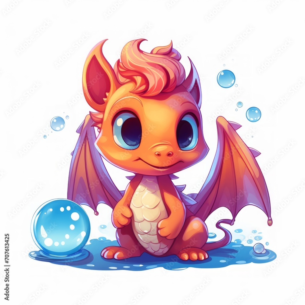 Poster A small dragonling blowing bubbles of fire while wearing a curious expression. Generative AI