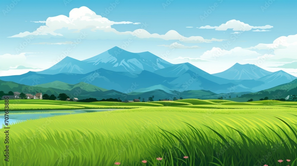 Poster a tranquil rice paddy field with mountains in the distance. vector cartoon graphic generative ai