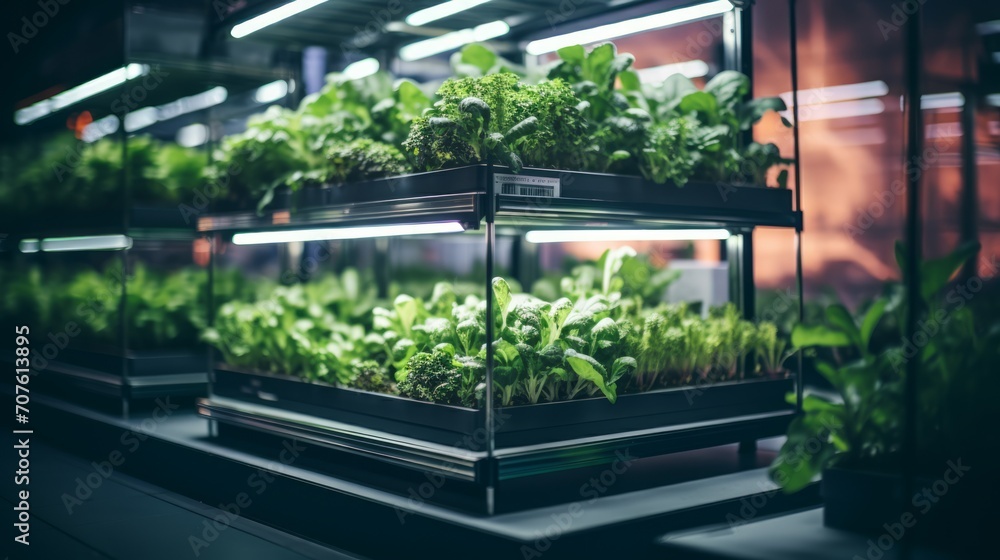 Aufkleber A vertical farming setup cultivating assorted microgreens, neatly arranged in a compact space. Generative AI