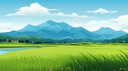 A tranquil rice paddy field with mountains in the distance. vector cartoon graphic Generative AI