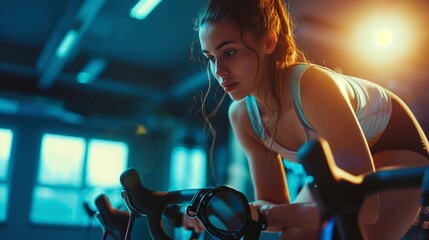 Mujer joven atlética entrenando intensamente en bicicleta estática en un gimnasio moderno - obrazy, fototapety, plakaty