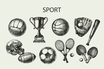 Hand drawn sports set. Sketch sport balls. Vector illustration - obrazy, fototapety, plakaty