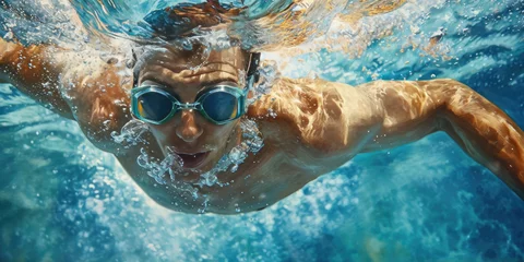 Fotobehang man in swimming goggles is underwater while swimming, generative AI © VALUEINVESTOR