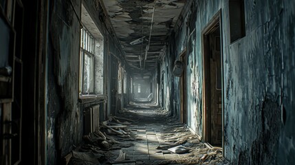 Fototapeta na wymiar Abandoned buildings in Pripyat, Chernobyl, decaying structures, overgrown with vegetation, eerie atmospheric tones, detailed linework Generative AI