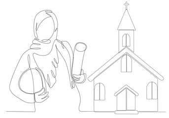 continuous line female architect building church vector illustration