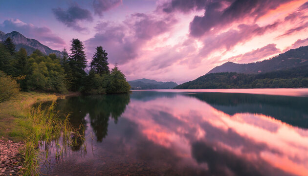  Beautiful pink cloudy sunset over a still mountain lake, dramatic colors photograph