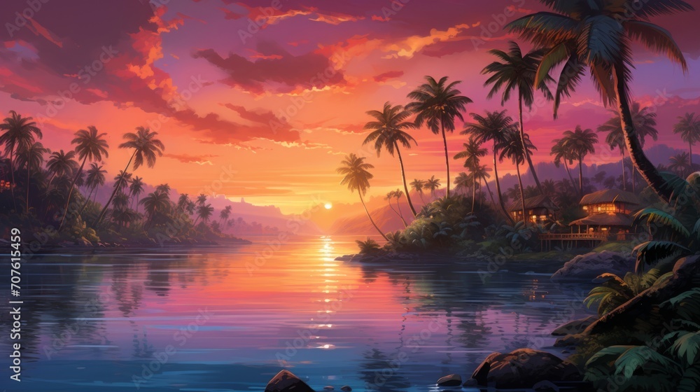Poster aerial perspective showcasing a serene archipelago with lush palm trees set against the backdrop of 