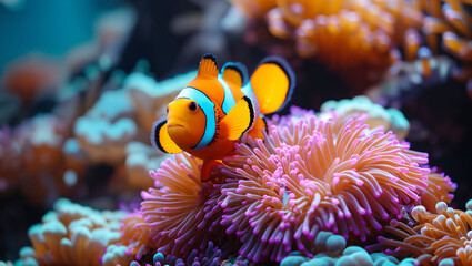 Naklejka na ściany i meble clown fish swimming in the ocean with sea anemone