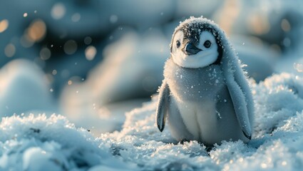 penguin in snow - obrazy, fototapety, plakaty