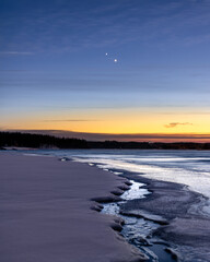 winter sunset and Mars and Venus together