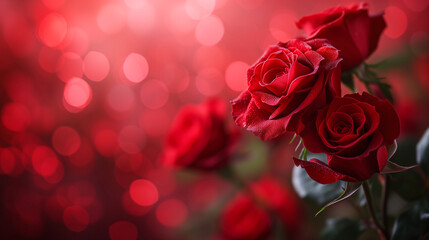 Romantic red close-up photo of roses with delicate bokeh on the background. Focused on the foreground. Valentine's Day Concept