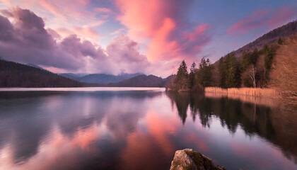  Beautiful pink cloudy sunset over a still mountain lake, dramatic colors photograph - obrazy, fototapety, plakaty