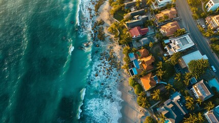 Aerial view of a coastal cottage village, beachfront homes, sandy shore, blue waters, vibrant rooftops, detailed and scenic depiction Generative AI