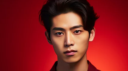 Fotobehang Elegant handsome young male guy Asian, on red background, banner, copy space, portrait. © ALA