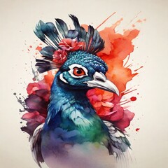 Explore a remarkable watercolor logo featuring a powerful peacock face in vibrant colors. The design contrasts against a monochrome background, creating a visually stunning impact