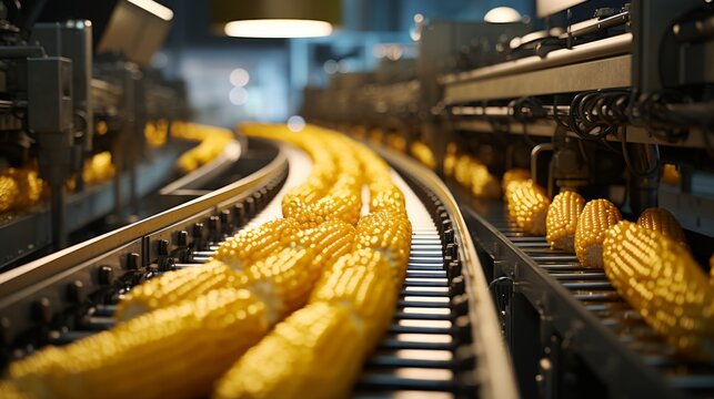 Automated Corn Canning Line ::1 image portraying an automated production line for canned corn Generative AI