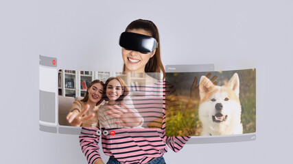 Woman With Virtual Reality Headset Looking At Screens, Gray Wall