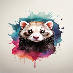 Explore a stunning watercolor logo featuring a powerful ferret face in vibrant colors. The design contrasts against a monochrome background, creating a visually stunning impact
