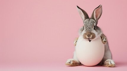 Funny Easter bunny in egg costume on pastel pink background. AI Generative