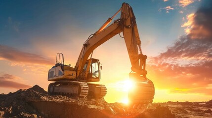Excavator at a construction site against the setting sun - obrazy, fototapety, plakaty