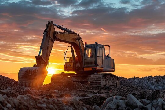 Excavator at a construction site against the setting sun