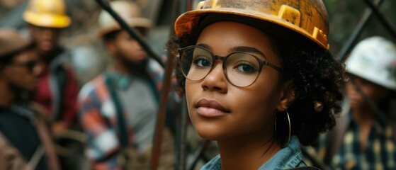 A woman wearing a hard hat and glasses. Generative AI.