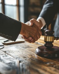 Businessman shaking hands with judge on wooden table. Generative AI.