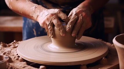 Close-up of skilled hands shaping a clay pot on a pottery wheel, precise movements, detailed fingers, clay spinning cinematic Generative AI