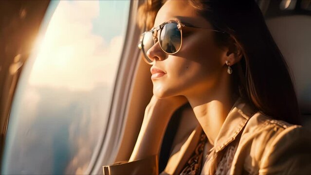 Against a backdrop of towering skysers, a fashion model exudes style and sophistication on the private jets scenic window.