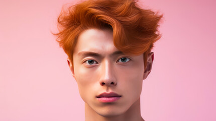 Elegant handsome young male Asian guy with short red hair, on a pink background, banner, copy space, portrait.