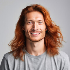Handsome young male guy smile Asian with long red hair, on gray background, banner, copy space, portrait.