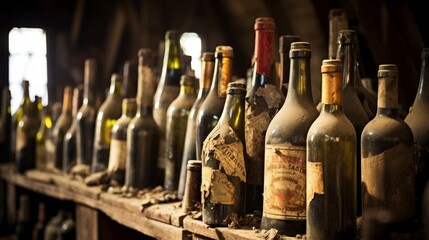 Detailed close-up of wine bottles in a cellar, selective focus ::1 dust-covered bottles, textured...