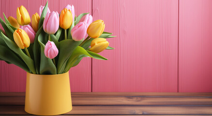 Pink and yellow tulips in vase on wood background, flower background