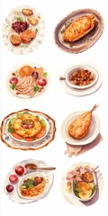 Digital miniatures capturing various Thanksgiving dishes in detailed watercolor textures, showcased in a feminine sticker art format with white and bronze accents. Generative AI