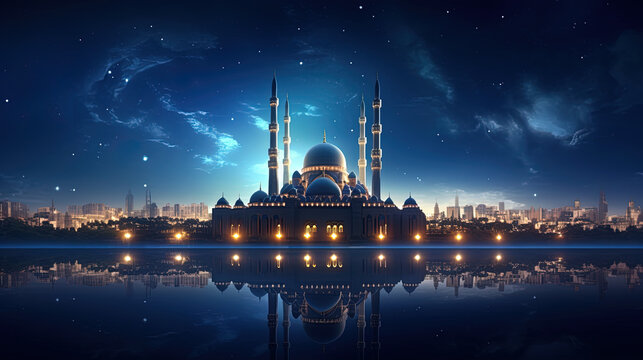 mosque at ramadan night with wide beautiful sky