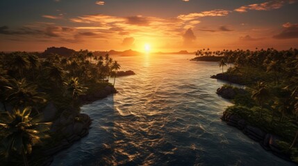 Fototapeta na wymiar Drone's-eye view capturing the beauty of palm-fringed islands at dusk, with the sun setting behind the horizon, casting a golden glow over the tranquil seascape. photorealistic epic lighting Generativ
