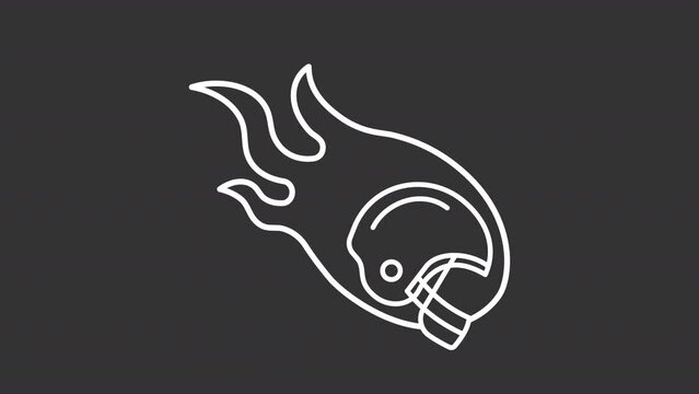 Animated football helmet white icon. Helmet on fire line animation. American football sport equipment. Black illustration on white background. HD video with alpha channel. Motion graphic